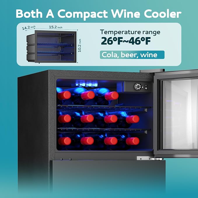 EUHOMY Double Door Mini Fridge With Freezer, Freestanding Wine Cooler Refrigerator With Reversible Door, Compact Refrigerator Temperature Control, Wine Fridge Perfect For Kitchen Home Office. - Image 3