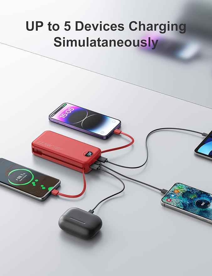 20000mAh Ultra-Portable-Charger-Power-Bank with Built in Cables&AC Wall Plug,PD20W USB-C Fast Charging Cell Phone Charger Battery Pack,LED Display Travel Battery Bank for All iPhone,Samsung,Android - Image 7