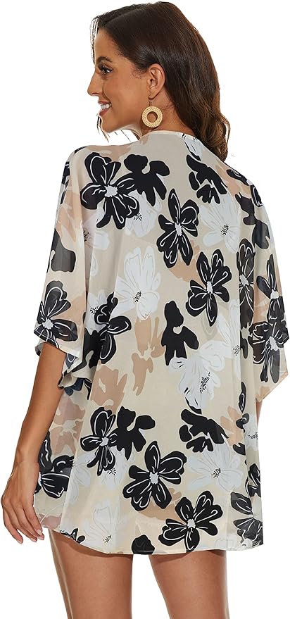 Women's Floral Print Puff Sleeve Kimono Cardigan Loose Cover Up Casual Blouse - Image 6