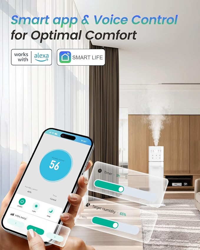 Smart Humidifier Large Room, 2.1Gal/8L Humidifiers for Bedroom with Extended Tube&Night Light, Whole House Cool Mist Humidifiers, WIFI App&Voice Control, School/Office/Warehouse, White - Image 3