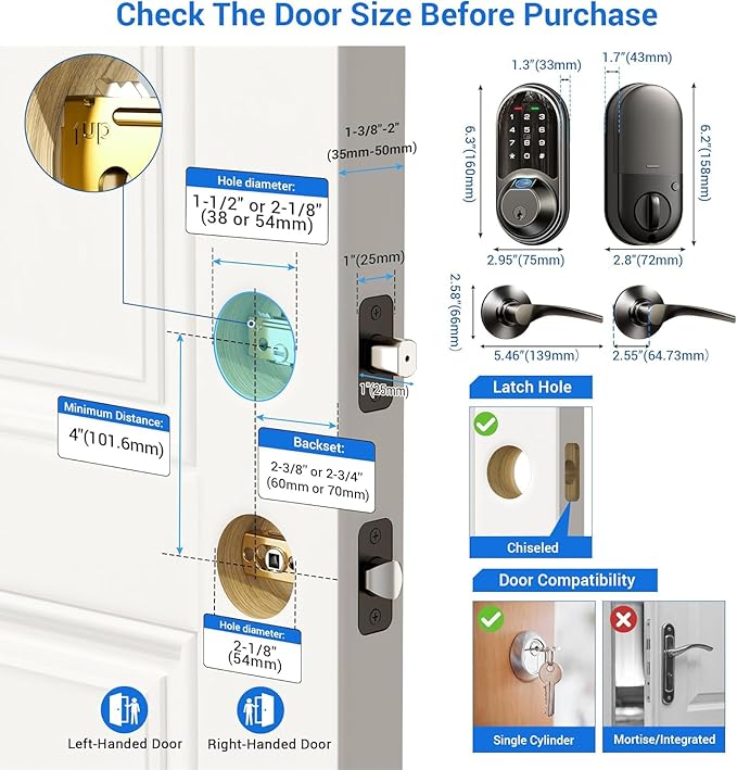 Veise RZ07B Smart Locks for Front Door, 2 Lever Handles, Fingerprint Keyless - Image 5