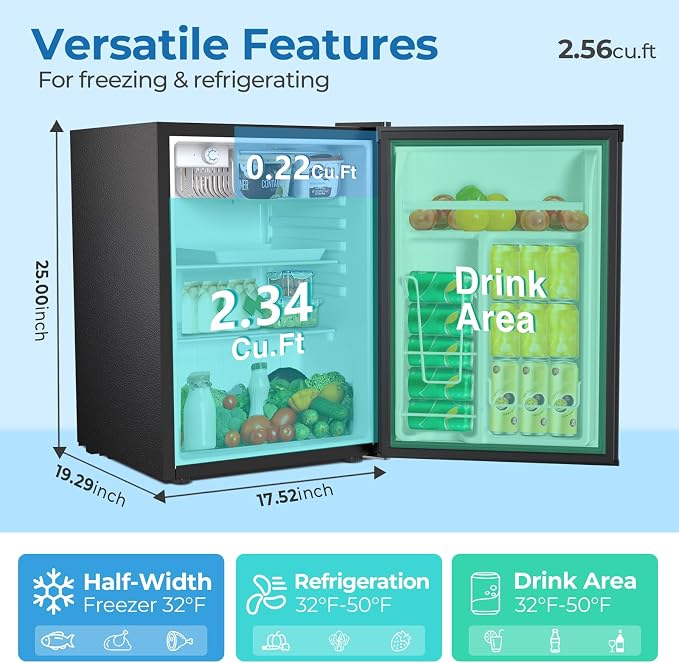 Electactic 2.56 Cu.ft Compact Refrigerator with Reversible Single Door, BLACK - Image 3