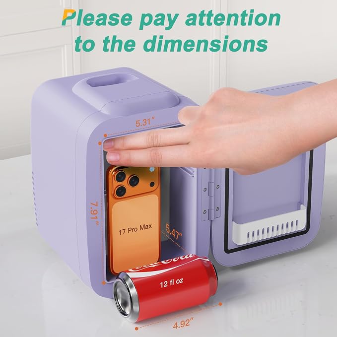 CROWNFUL Mini Fridge, 4 Liter/6 Can Portable Cooler and Warmer Personal Refrigerator for Skin Care, Cosmetics, Beverage, Food,Great for Bedroom, Office, Car, Dorm(Purple) - Image 2
