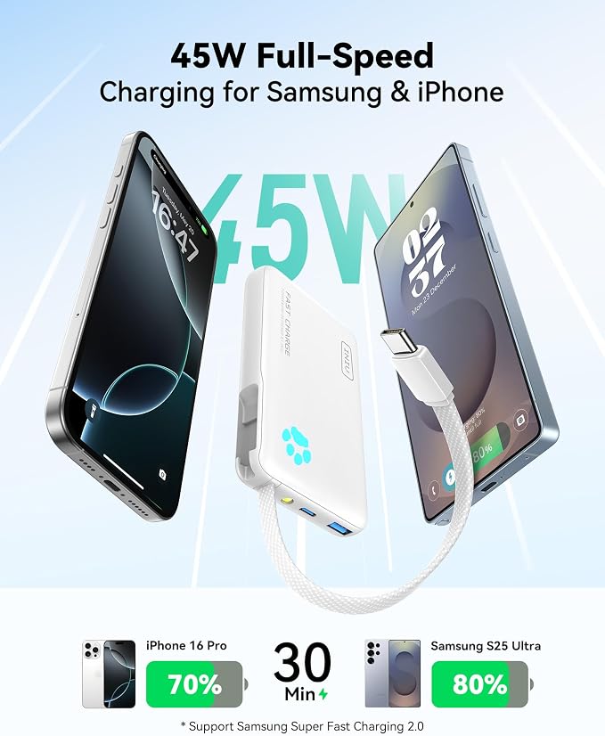 INIU Portable Charger, Slim 45W 10000mAh Power Bank with Build in USB-C Cable for Travel, Fast Charging USB C in&Out Battery Pack, External Phone Charger for iPhone 17 16 15 Samsung S25 S24 Google etc - Image 2
