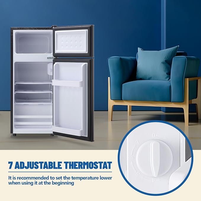 55L Capacity Black Refrigerator with Freezer Double Door Mini Fridge Small Apartment Refrigerator with 7 Adjustable Temp Control - Image 4