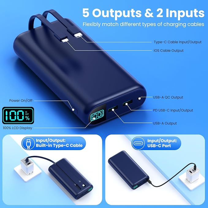 Portable Charger 40,800mAh Power Bank with Built-in Cables,5 USB Output Battery Pack Backup,25W PD Fast Phone Charging Travel Essential Outdoor for iPhone 17/16/15 Pro,Android Galaxy Pixel Nexus-Blue - Image 6