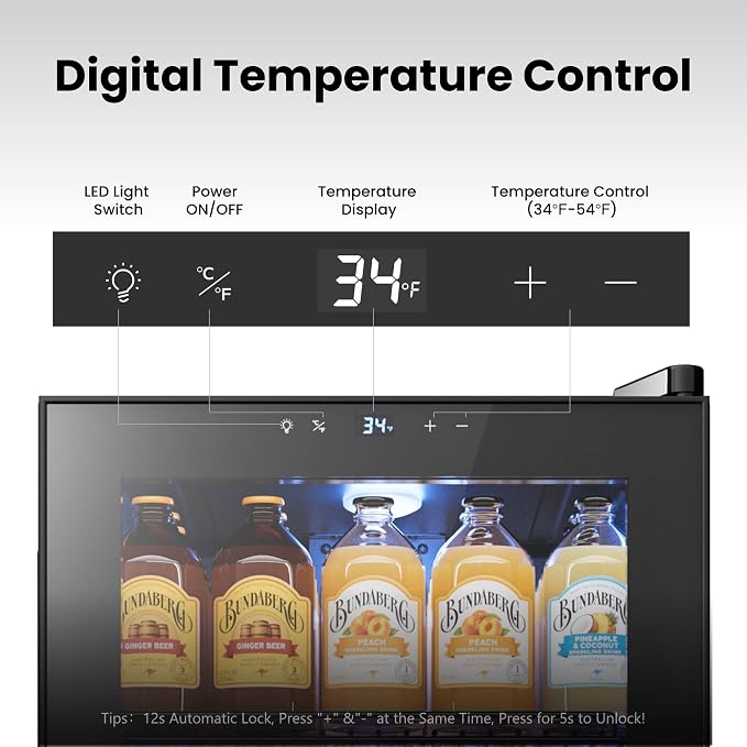 Yeego Beverage Refrigerator Drink Cooler, 105 Cans Mini Fridge Glass Door | Soda Wine Beer Small Cooler, 34°F To 54°F Digital Temperature Control, for Home Office Bar, Adjustable Shelves, Black - Image 3