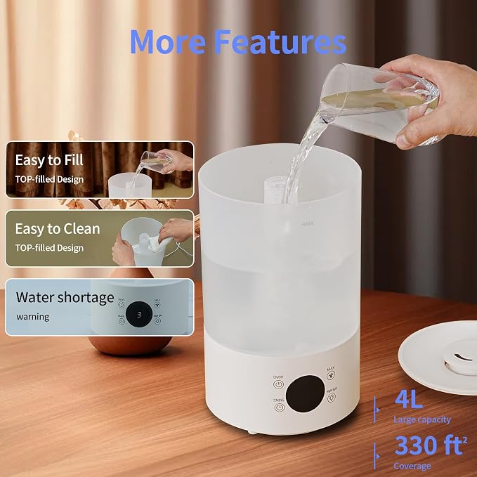 Top Fill Humidifiers for Bedroom, 4.0L Tank Cool Mist Humidifiers for Large Room, 40H Runtime, Plants with 9H Timer, Auto Shut-Off,Quiet Ultrasonic Humidifier with 360° Nozzle for Baby Nursery - Image 5