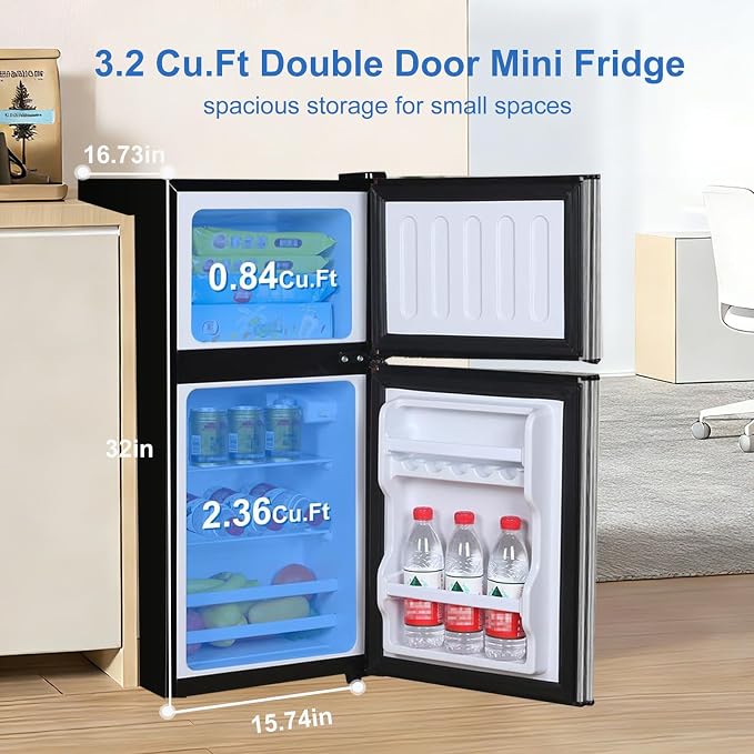 Mini Fridge with Freezer, 3.2 cuft Small Refrigerator, Compact Refrigerator | Double Door, 7 Adjustable Thermostat, Energy Saving, Low Noise, for Dorm, Bedroom, Office - BLACK - Image 6