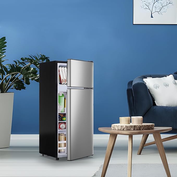 55L Capacity Silver Refrigerator with Freezer Double Door Mini Fridge Small Apartment Refrigerator with 7 Adjustable Temp Control - Image 9