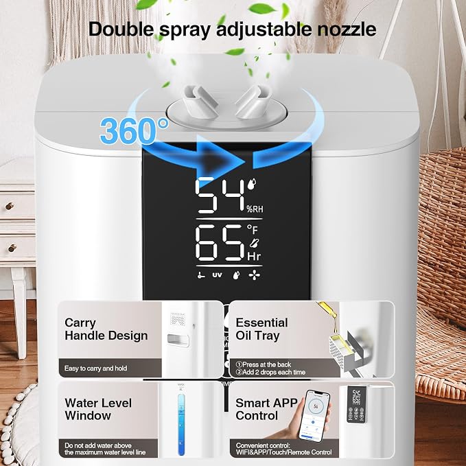 Smart Humidifiers Large Room Bedroom Home,2.11Gal(8L) Quiet Top Fill Cool Mist Humidifier,Smart App & Remote Control, 3 Speed Humidifier with 360°Nozzle,Humidity Setting for Baby Office Plant(White) - Image 6