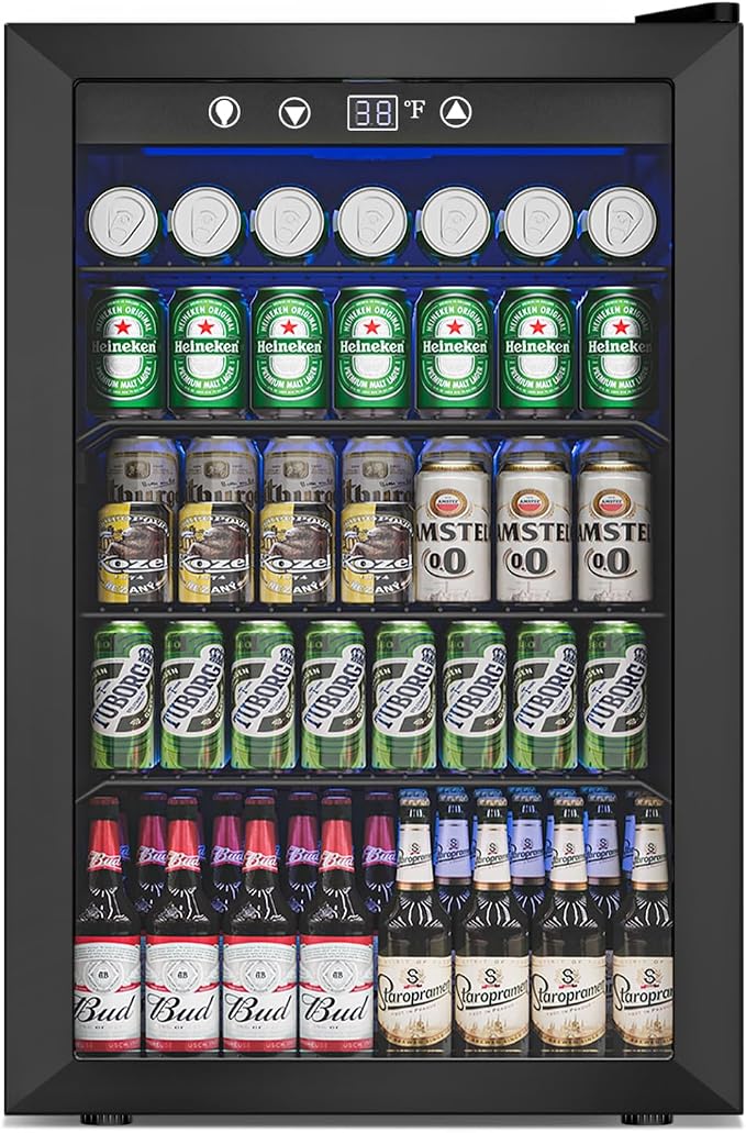 Feelfunn 4.5Cu.Ft Beverage Refrigerator 145Can Mini Fridge Glass Door Black | 32-61°F temp range, ultra-quiet <42dB, holds 145 cans, 4 adjustable shelves. Ideal for bedroom, office, home bar by Feelfunn