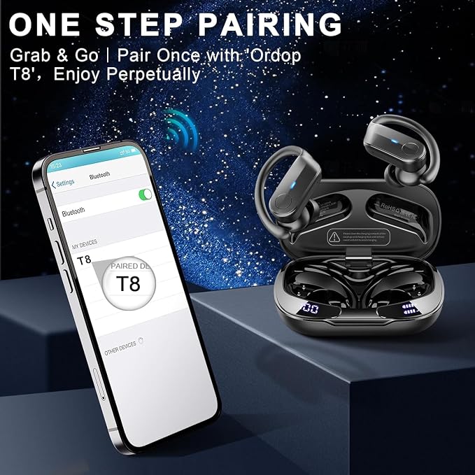 Ordtop Sport Wireless Earbuds with Earhooks, 70H Playtime, IPX8 Waterproof | Bluetooth 5.4, 4 ENC Microphones, Deep Bass Sound, LED Display, USB-C Fast Charging, Secure Fit For Running, Gym And Workouts - Image 7