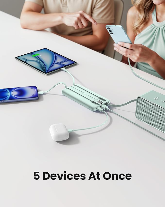 Portable Chargers 10000mAh, Slim Travel Essentials Power Bank, 5 Outputs 2 Inputs LED Display External Battery Pack with Built-in Cables Compatible with iPhone/Android & More (Teal) - Image 3