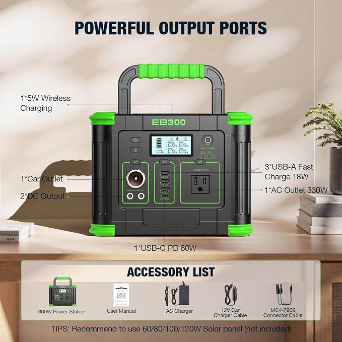 Portable Power Station 300W, GRECELL 288Wh Solar Generator with 60W USB-C PD Output, 110V Pure Sine Wave AC Outlet Backup Lithium Battery for Outdoors Camping Travel Home Blackout - Image 8