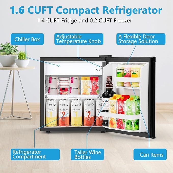 Electactic 1.6 Cu.ft Mini Fridge, Compact Single Reversible Door Refrigerator, Adjustable Thermostat, Ultra Quiet, Energy Efficient for Office, Dorm, Bedroom, Apartment -Black - Image 2