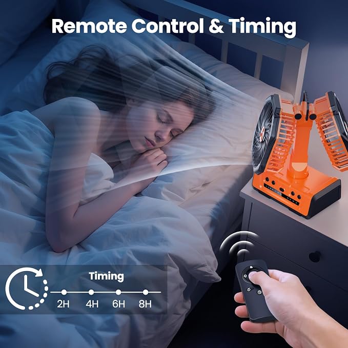 Dual Head Portable Rechargeable Fan 20000mAh Battery Powered Camping Fan Cordless with LED Lantern & Remote, Auto Oscillation, Hook, Battery Operated for Tent Office Travel Picnic Jobsite Orange - Image 5