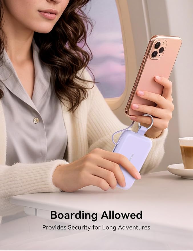RORRY Portable Charger, 10000mAh PD 30W Fast Charging Portable Charger Power Bank with Built-in Cables, Travel Keychain Charger Battery Pack for iPhone 17/16/15/14/13/12, for AirPods 2/3/4/Pro, Purple - Image 7