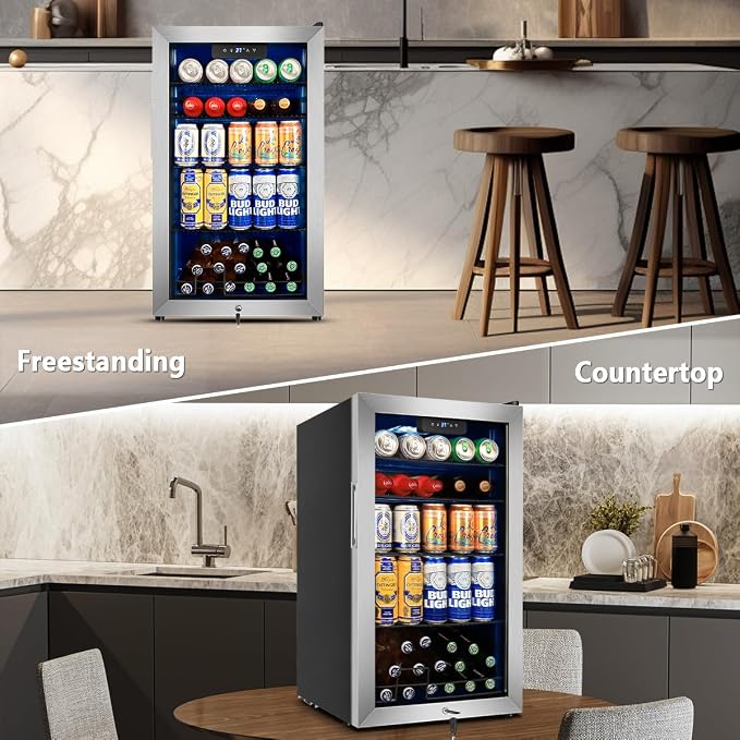 Beverage Refrigerator Cooler, 130 Cans 3.22 Cu.Ft Small Refrigerator with Low-E Glass Door, Lock, 17-Inch Beer Fridge for Drinks, Beer and Wine, Mini Fridge for Bedroom, Office and Bar, Silver - Image 8