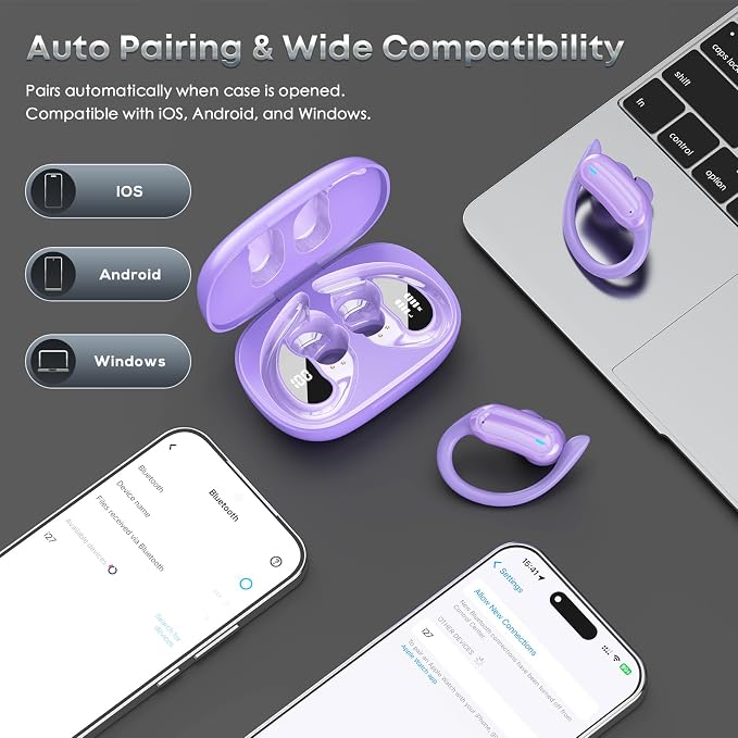 TRAUSI Wireless Earbuds Bluetooth Headphones, 54H Playtime Stereo Over Ear Buds with ENC Noise Cancelling, LED Power Display, IPX7 Waterproof Sport Earphones with Earhooks for Running/Workouts Purple - Image 6