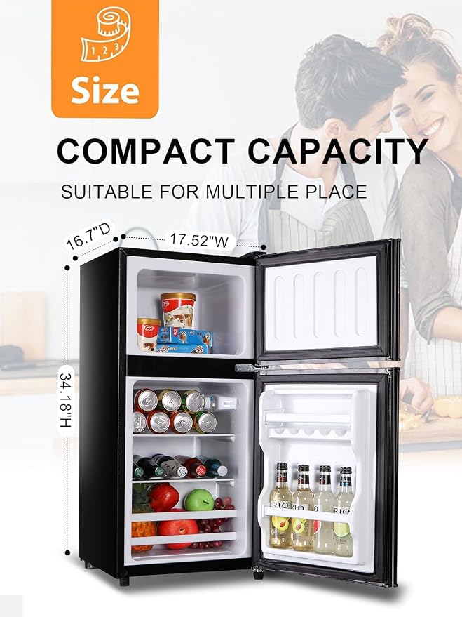 Mini Fridge With Freezer,3.5 Cu. Ft Compact Refrigerator With 2 Doors,7- Level Adjustable Thermostat, Removable Glass Shelves For Bedroom, Office, Kitchen, Apartment, Dorm, Black - Image 3