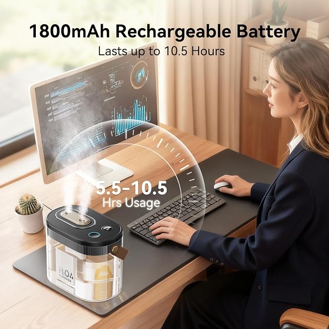 DIGIX Rechargeable Portable Humidifier-Smart Display,Night Light,Easy Clean,1.4L Small Humidifiers for Bedroom Baby, Personal Mini Humidifier for Travel Home Plants,3 Mist Modes, Auto Shut-Off (Black) - Image 2