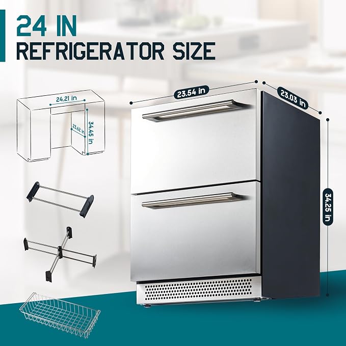 Albott 24 Inch Under Counter Drawer Fridge, Dual-Zone Beverage Refrigerator | Stainless Steel Design, LED Touch Control, Adjustable Storage, Frost-Free, Low Noise, 34℉-68℉, -0.4℉ to 32℉ - Image 9