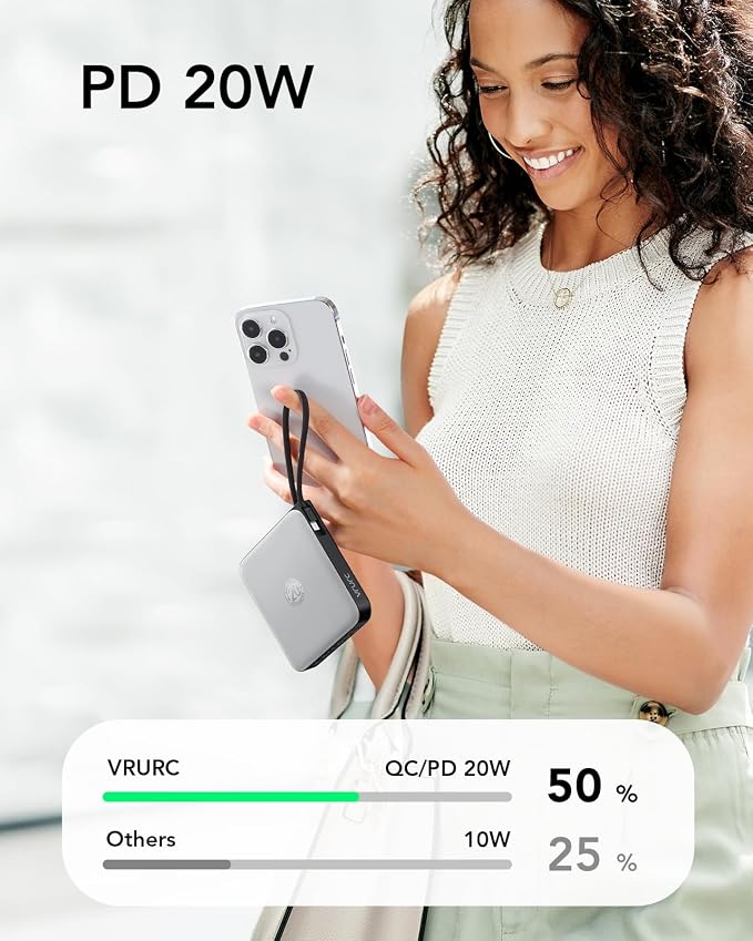 VRURC Portable Charger with Built-in Cable, 10000mAh 22.5W Fast Charging USB C Battery Pack, Cell Phone Power Bank for iPhone 17 16 15 Series Android Tablet (Grey) - Image 7