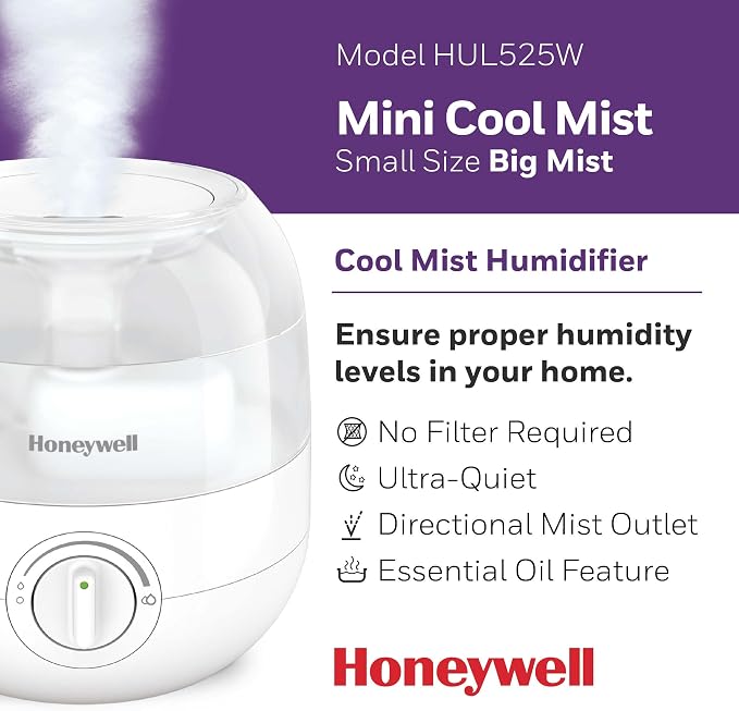 Honeywell Mini Cool Mist humidifier, Easy to Fill and Clean, humidifier for small Bedroom, Kids Rooms, or office. Ultra Quiet Operation and Auto Shut-Off - White, HUL525W - Image 2
