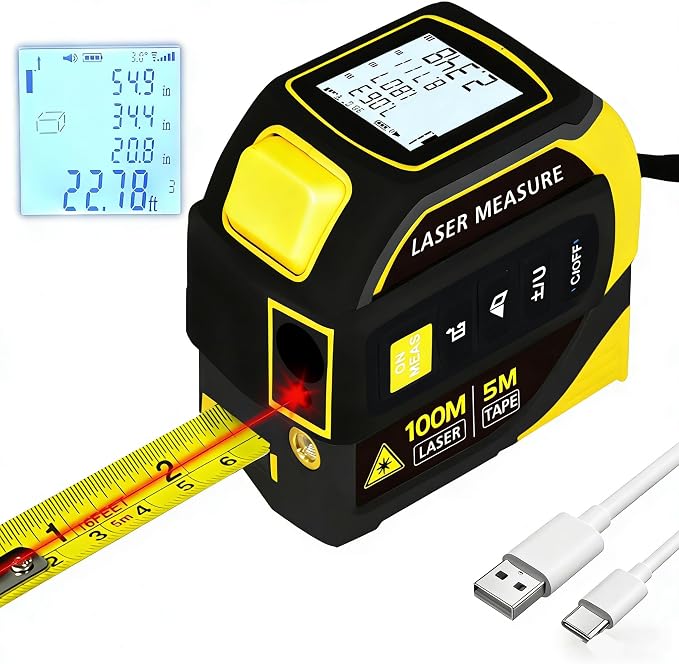 4-in-1 Laser Tape Measure 328FT, Digital Laser Distance Meter, 16FT Steel Tape by Unknown