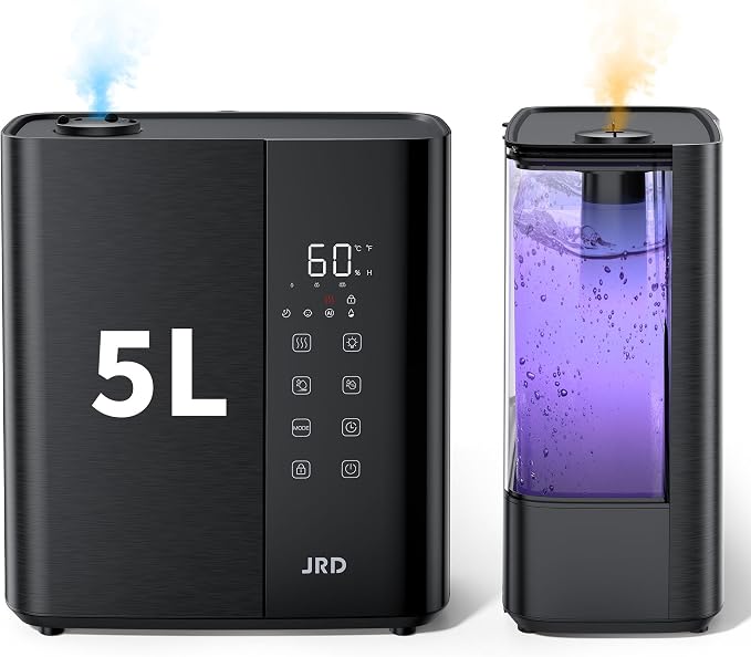JRD Warm & Cool Mist Humidifiers for Bedroom 5L, Quiet Ultrasonic Air Humidifier Fast Symptom Relief, 50H Runtime, Oil Diffuser, 12H Timer, 7 Color Light for Large Room, Office, Baby, Plants-Black by JRD