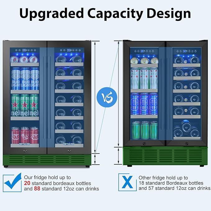 24" Dual Zone Wine & Beverage Refrigerator – Under Counter Cooler with Upgraded Cooling & Blue LED Light, Hold 20 Bottles and 88 Cans Large Capacity Wine Fridge, Built-In or Freestanding – Black - Image 5