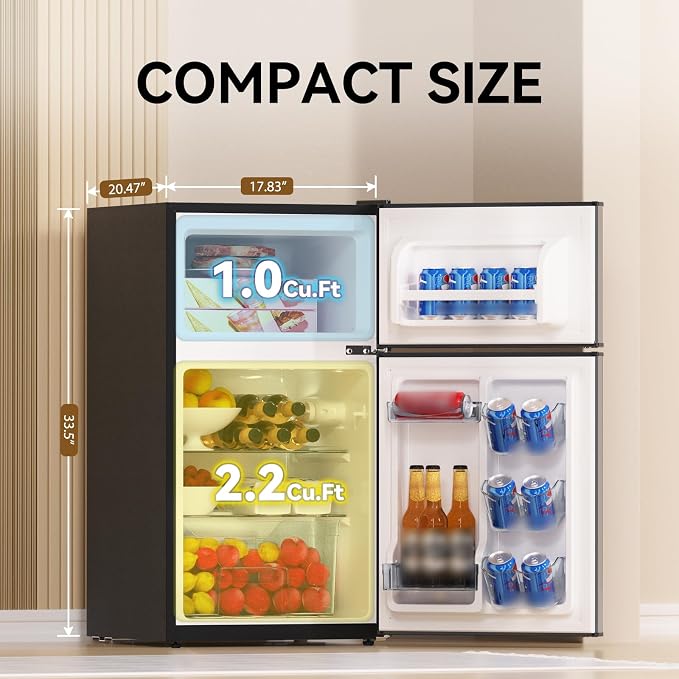 Mini Fridge with Freezer 3.2 Cu.Ft. 2 Door Refrigerator and Freezer Small Fridge for Bedroom Home Office Dorm, Small Drink Chiller, Adjustable Thermostat,37 dB Low Noise, Stainless Steel - Image 2