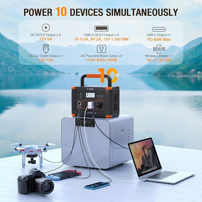 Portable Power Station 500W(Peak 1000W), 519Wh Outdoor Solar Generator Backup Battery Pack with 2 110V AC Outlets, 500W 10-Port Powerhouse for RV/Van Camping Fishing Climbing Road Trip Home Emergency - Image 5