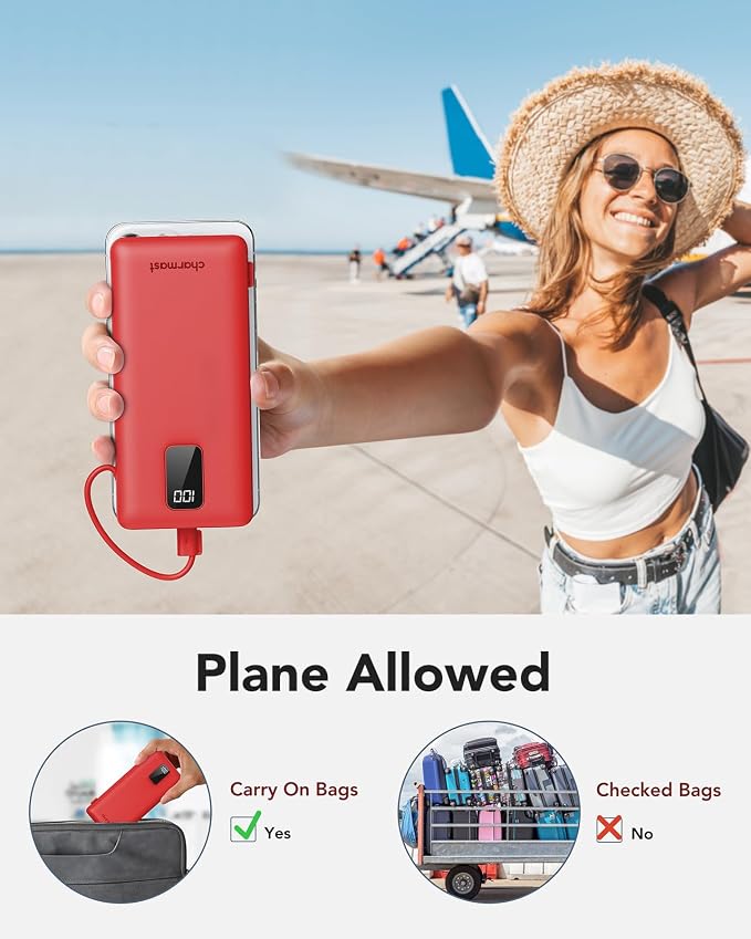 charmast Portable Charger with Built-in Cables and Plug, 10000mAh USB C Power Bank Fast Charging, External Battery Pack Slim, Travel Essentials Compatible with iPhones, Samsung Galaxy, iPad - Image 8