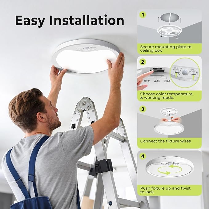 hepside Motion Sensor Ceiling Light Wired, 3000K/4000K/6500K LED Flush Mount - Image 7