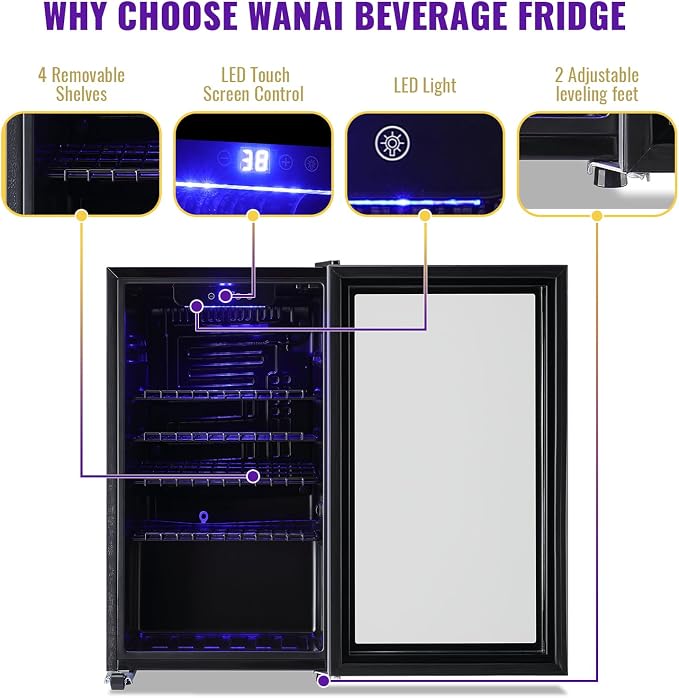 3.5 Cu.ft Beverage Refrigerator & Mini Cooler with LED Touch Panel 125 Can Small Beer Fridge with Glass Door for Wine Soda Juice Clear Front Removable Shelves for Home Office Bar - Image 7
