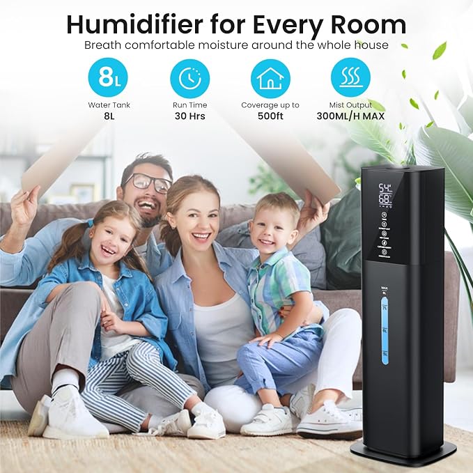 Humidifiers Large Room Bedroom with 7 Colors Light, 2.1Gal(8L) 3 Speed Quiet Ultrasonic Cool Mist Humidifier with 360° Nozzle, Humidity Setting, Timer,Aroma Box for Home Plant Baby Yoga Sleep (Black) - Image 8