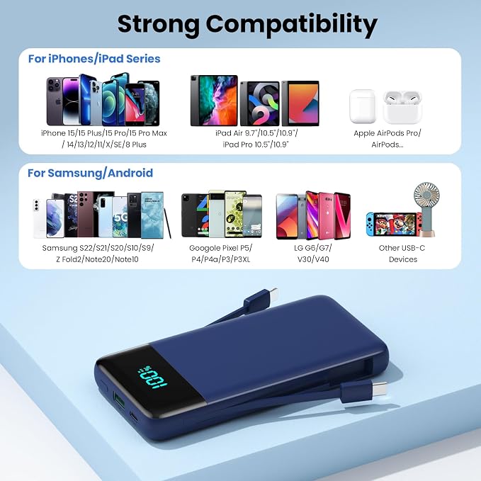 Portable Charger for iPhone with Built in Cables and Wall Plug,Upgraded 13800mAh Fast Charging USB C Power Bank,4 Outputs Travel Essential Battery Pack Compatible with iPhone 17/16/15/14,Samsung-Blue - Image 7