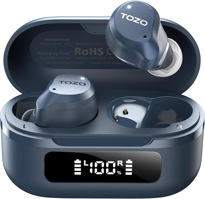 TOZO NC9 Hybrid Active Noise Cancelling Wireless Earbuds, 60H, LED Display | 6 Mic ENC Clear Calls, Deep Bass Sound, IPX8, in Ear Bluetooth 5.3 Headphones,32 EQs via APP, Comfort Fit Ear Buds, Blue by TOZO