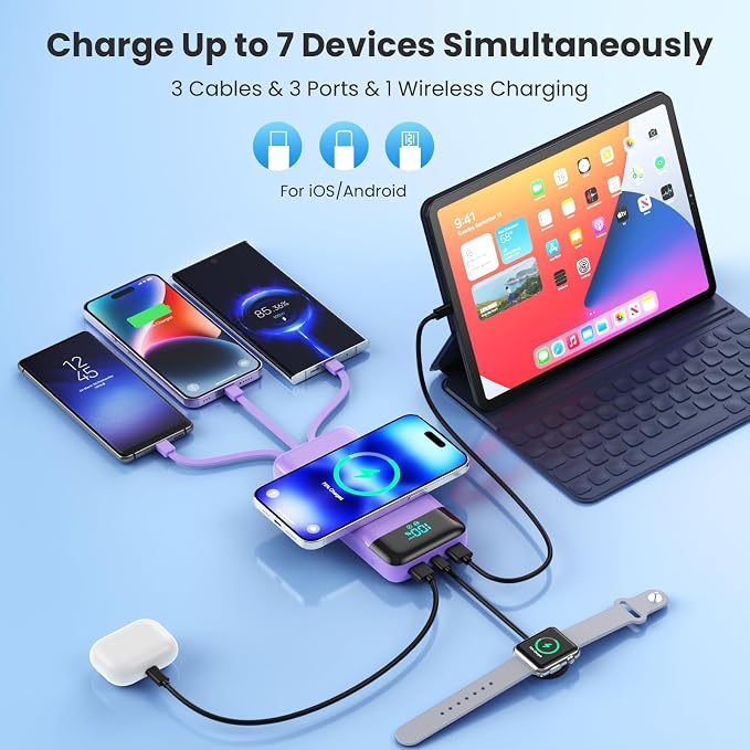 Wireless Portable Charger 40800mAh for iPhone with 3 Built-in Cables,7-in-1 15W Wireless Charging USB C Power Bank,25W PD Fast Charging Travel Essential Battery Pack for iPhone 17/16/15,Android-Purple - Image 3