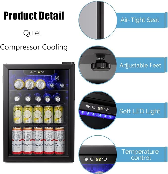 Antarctic Star Beverage Refrigerator Cooler-95 Can Mini Fridge Glass Door for Soda Beer Wine Stainless Steel Glass Door Small Drink Dispenser Digital Display for Home, Office Bar,2.4cu.ft - Image 2
