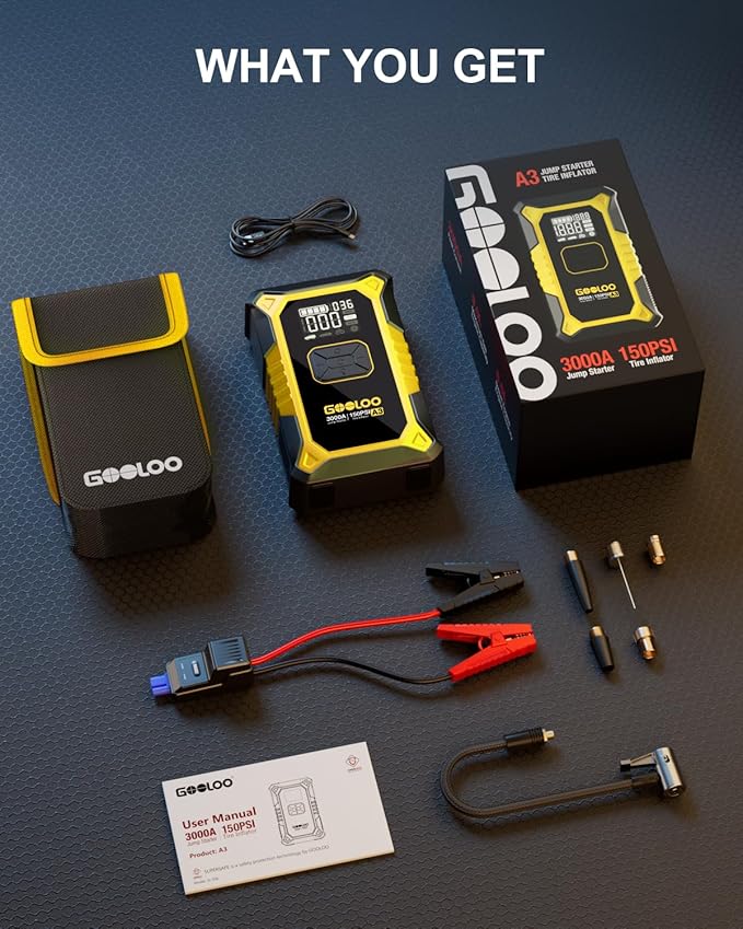 GOOLOO A3 Jump Starter with Air Compressor, 3000A Portable Car Battery Jumper Starter (9.0L Gas/6.5L Diesel) with 150PSI Auto-Shutoff Tire Inflator, 12V Supersafe Lithium Jump Box Car Booster, Yellow - Image 8