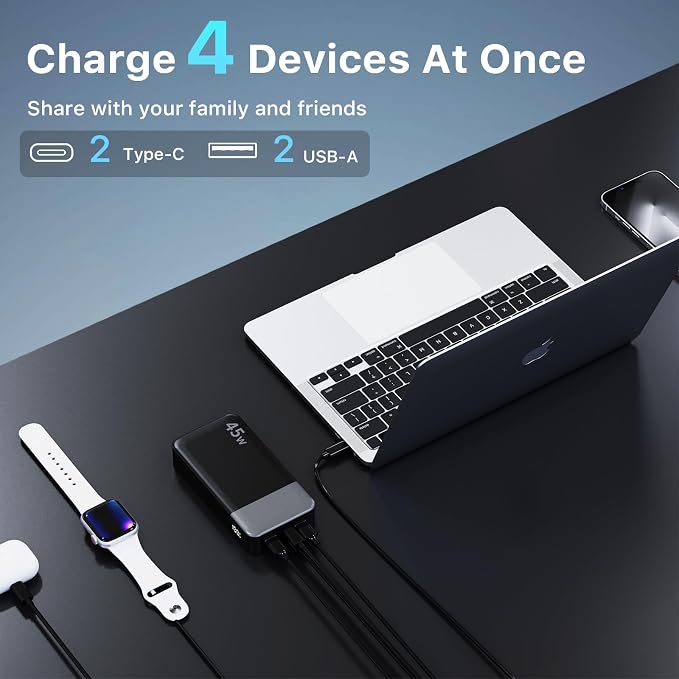 NOBIS Portable Charger, 20000mAh Power Bank, 45W Power Bank Fast Charging, Battery Pack with C to C Cable, Battery Bank with Digital Display for iPhone Android Laptop etc(Black) - Image 4