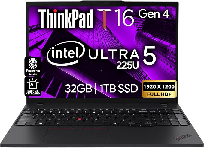 Lenovo ThinkPad T16 Gen 4 Business Laptop 16 FHD+ Display, Intel Ultra 5-225U (Beats i7-1355U), 32GB DDR5 RAM, 1TB SSD, 5MB Webcam, Fingerprint, Backlit KB, WiFi 6E, RJ-45, Win 11 Pro by LENOVO