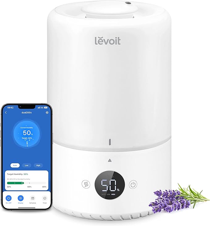 LEVOIT Smart Cool Mist Top Fill Humidifiers for Bedroom with Sensor, Auto Humidity Setting, APP & Voice Control, Essential Oil Diffuser, Ultra Quiet Operation, Super Easy Top Fill, 3L, White by Levoit