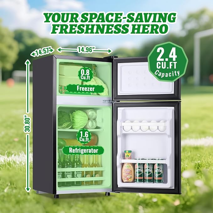 Mini Fridge with Top Freezer Apartment Size Dual Door Compact Small Refrigerator for Personal Use Small Mini Fridge with Egg tray, 7 Temperature Control For Dorm, Apatmet, Dark Grey - Image 3
