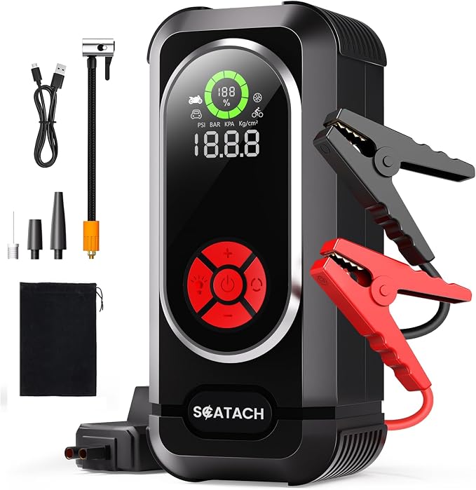 8000A Jump Starter with Air Compressor, 10-in-1 Car Battery Jump Starter Portable (10.0 Gas/10.0L Diesel), 150 PSI 12V Jump Box with Jumper Cables, LED Light, LED Display by Scatach
