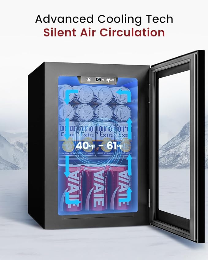 Feelfunn 24 Can Beverage Refrigerator, Mini Fridge, Black | 40-61°F temp control, whisper-quiet ≤38dB, holds 24 cans, removable shelf. Ideal for office, dorm, bedroom, home bar - Image 7