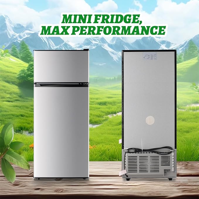 DEMULELR 4.5Cu.ft Refrigerator with Freezer Two Door Fridge with Removable Glass Shelves, Crisper Drawer & Extra Drink Space, LED Light, Apartment Size Fridge for Dorm Silver - Image 6